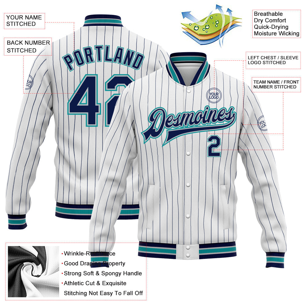 Custom White Navy Pinstripe Gray-Teal Bomber Full-Snap Varsity Letterman Jacket view 5