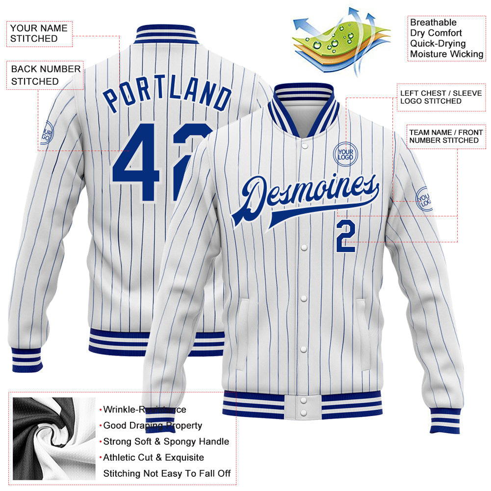 Custom White Royal Pinstripe Royal Bomber Full-Snap Varsity Letterman Jacket view 5