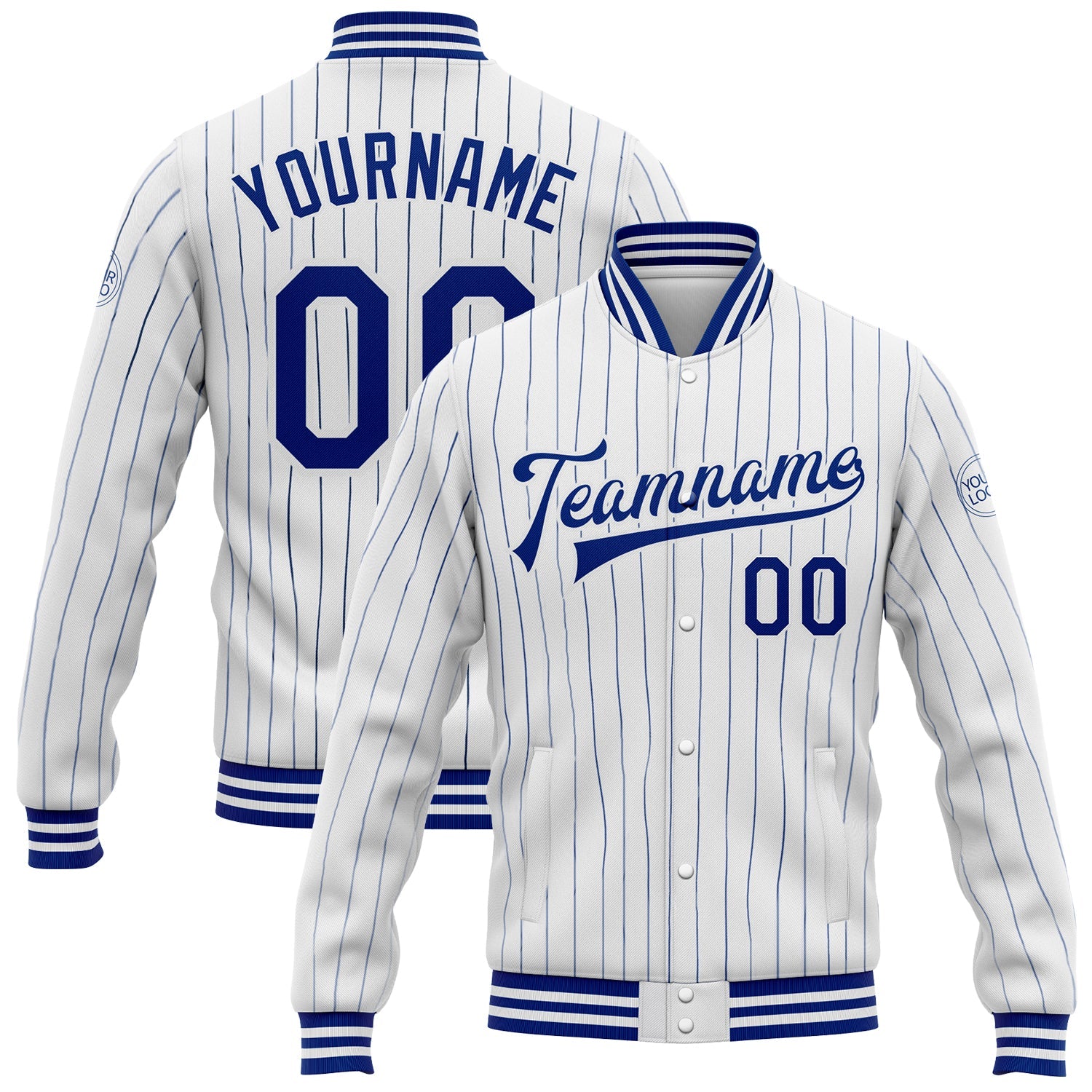 Custom White Royal Pinstripe Royal Bomber Full-Snap Varsity Letterman Jacket - Main View