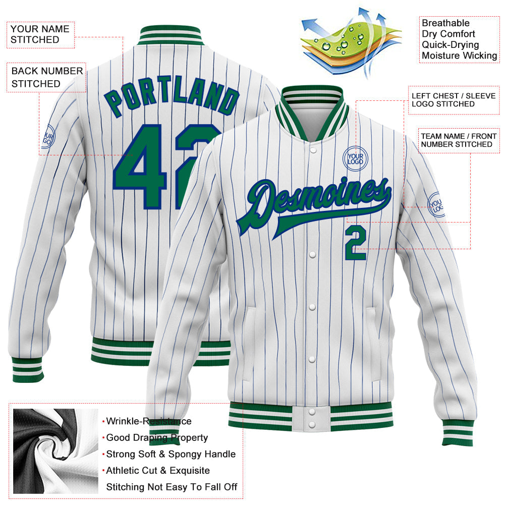 Custom White Royal Pinstripe Kelly Green Bomber Full-Snap Varsity Letterman Jacket view 5