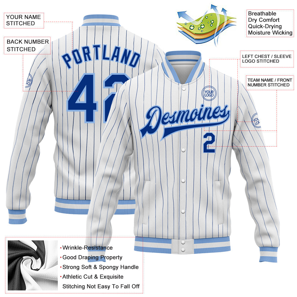 Custom White Royal Pinstripe Light Blue Bomber Full-Snap Varsity Letterman Jacket view 5