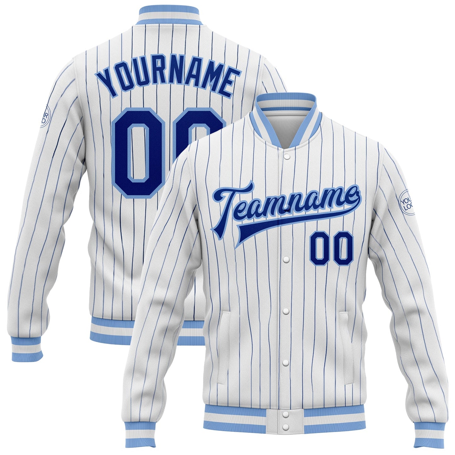 Custom White Royal Pinstripe Light Blue Bomber Full-Snap Varsity Letterman Jacket - Main View