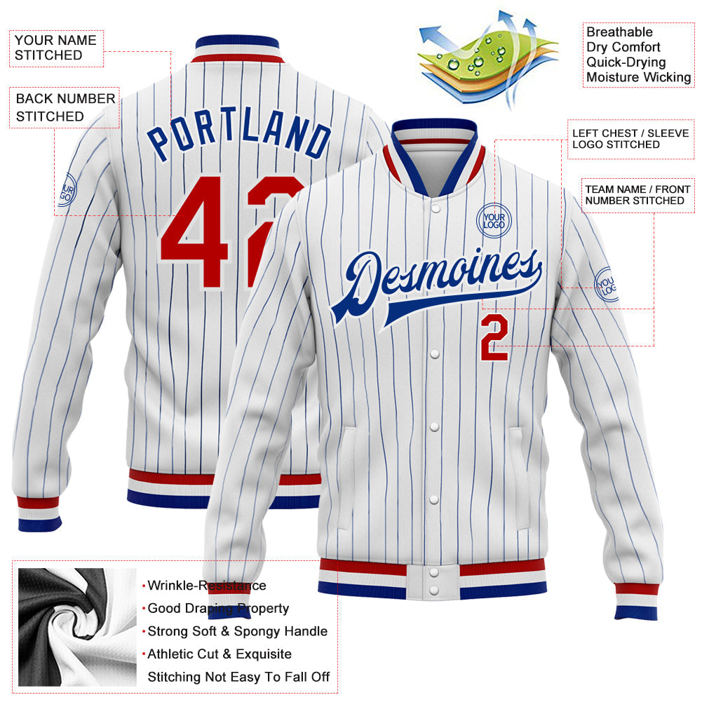 Custom White Royal Pinstripe Red Bomber Full-Snap Varsity Letterman Jacket view 5