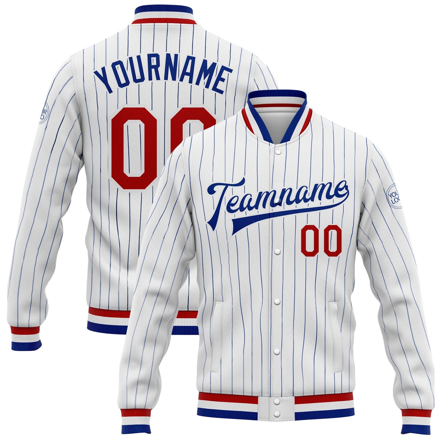 Custom White Royal Pinstripe Red Bomber Full-Snap Varsity Letterman Jacket - Main View