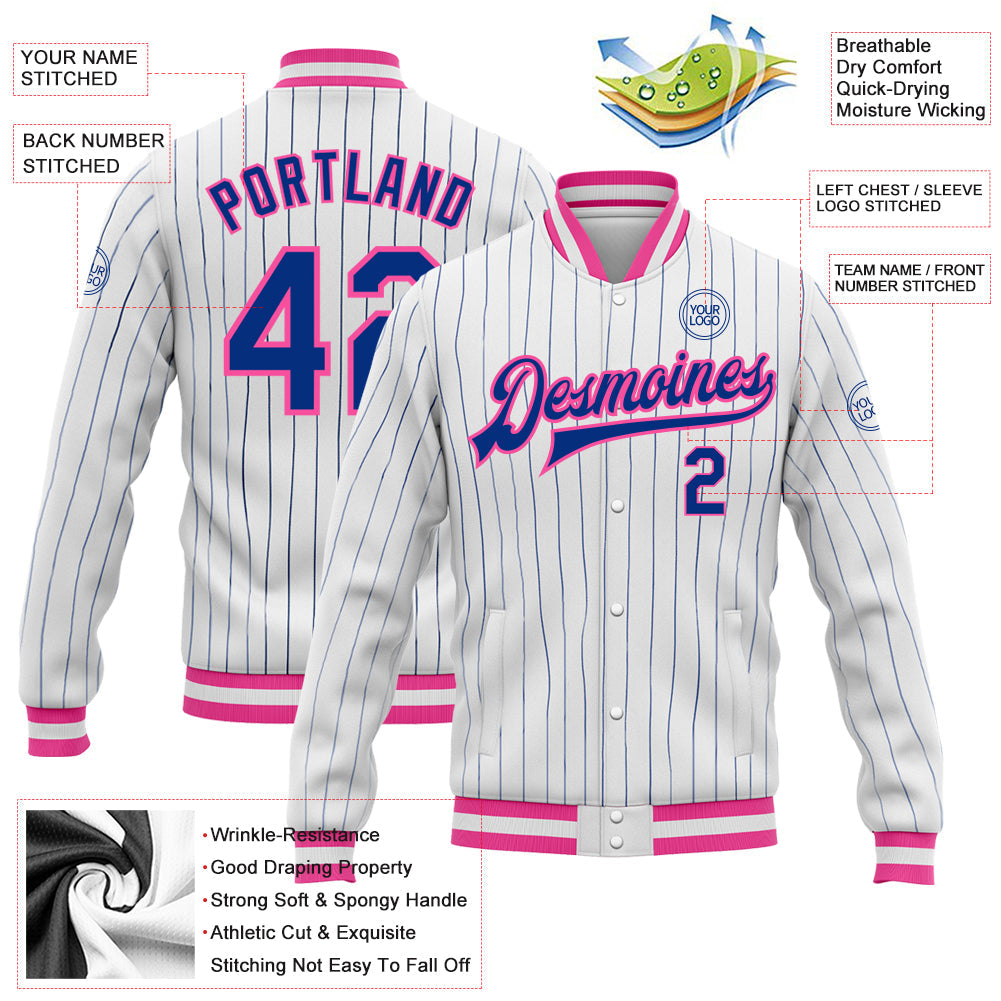 Custom White Royal Pinstripe Pink Bomber Full-Snap Varsity Letterman Jacket view 5