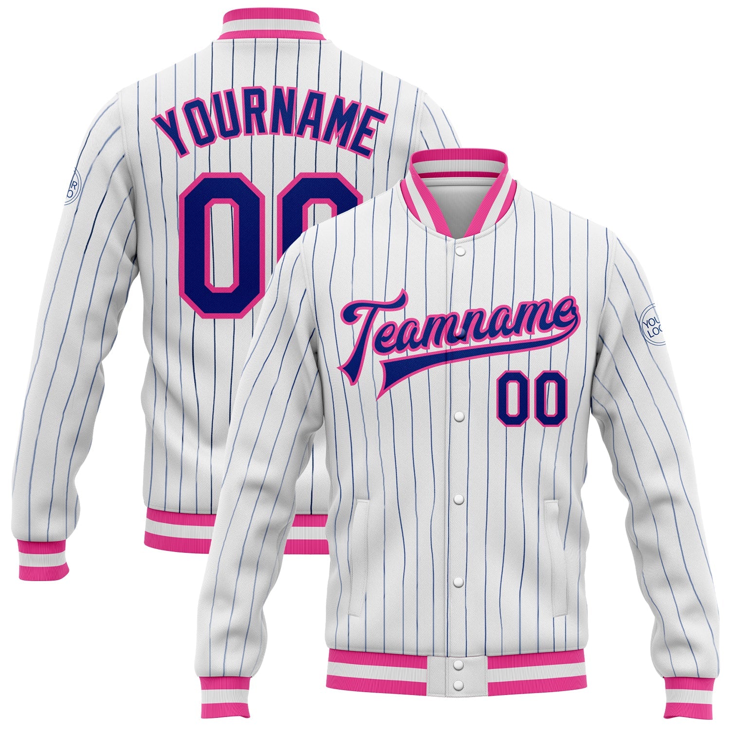 Custom White Royal Pinstripe Pink Bomber Full-Snap Varsity Letterman Jacket - Main View