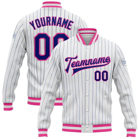 Custom White Royal Pinstripe Pink Bomber Full-Snap Varsity Letterman Jacket - Main View