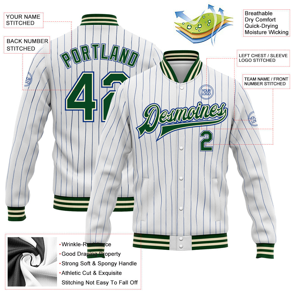 Custom White Royal Pinstripe Green-Cream Bomber Full-Snap Varsity Letterman Jacket view 5