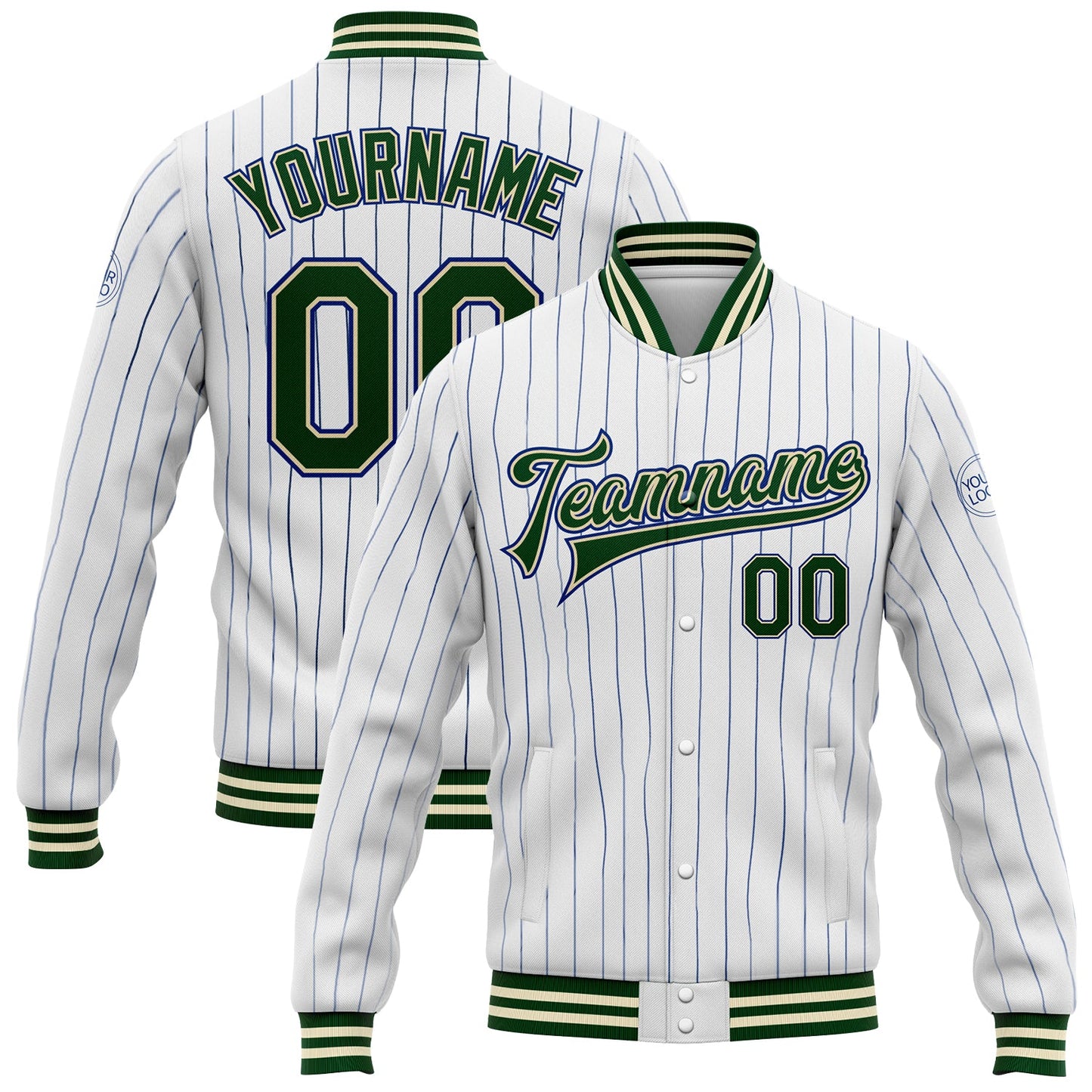 Custom White Royal Pinstripe Green-Cream Bomber Full-Snap Varsity Letterman Jacket - Main View