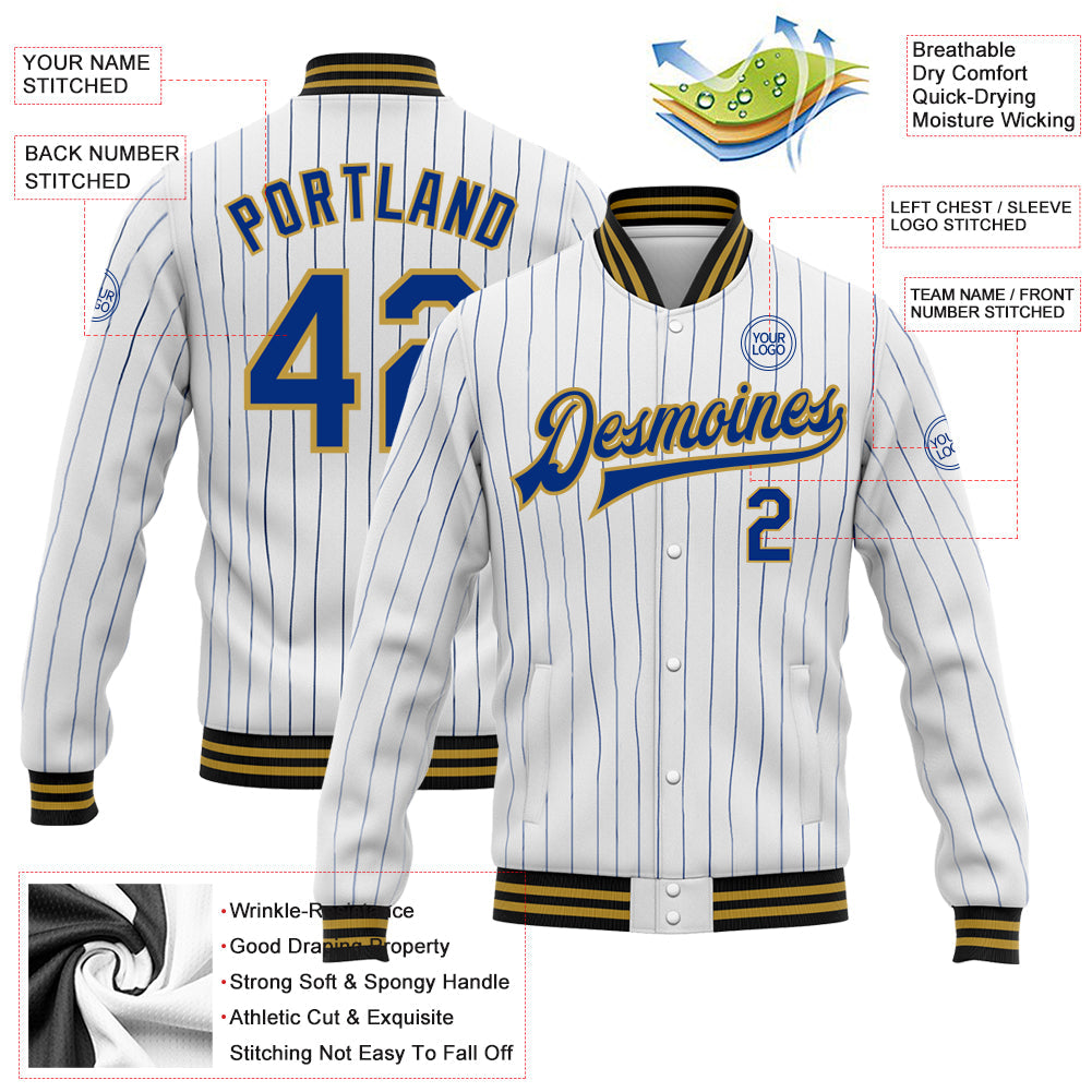 Custom White Royal Pinstripe Old Gold-Black Bomber Full-Snap Varsity Letterman Jacket view 5