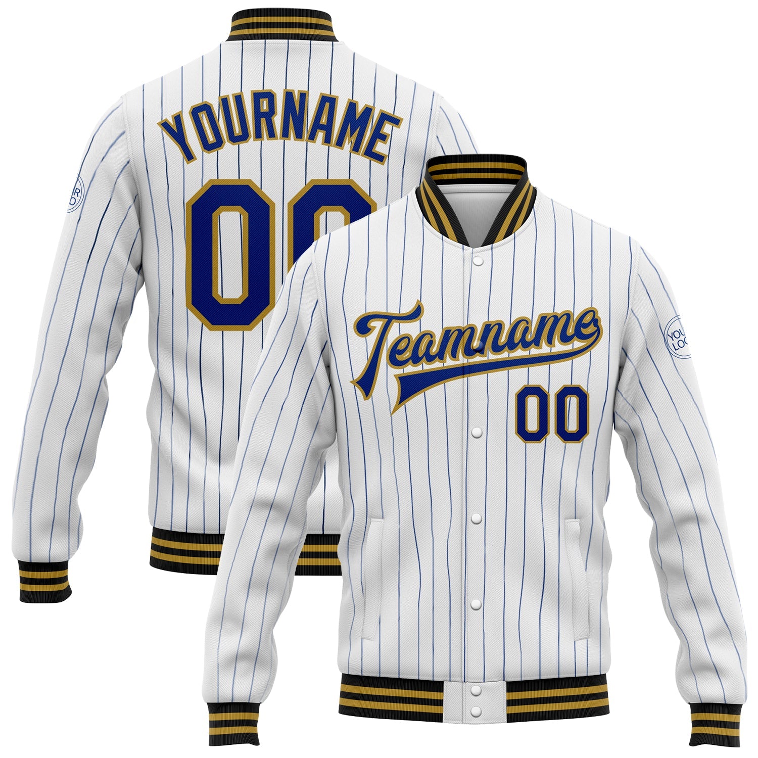 Custom White Royal Pinstripe Old Gold-Black Bomber Full-Snap Varsity Letterman Jacket - Main View