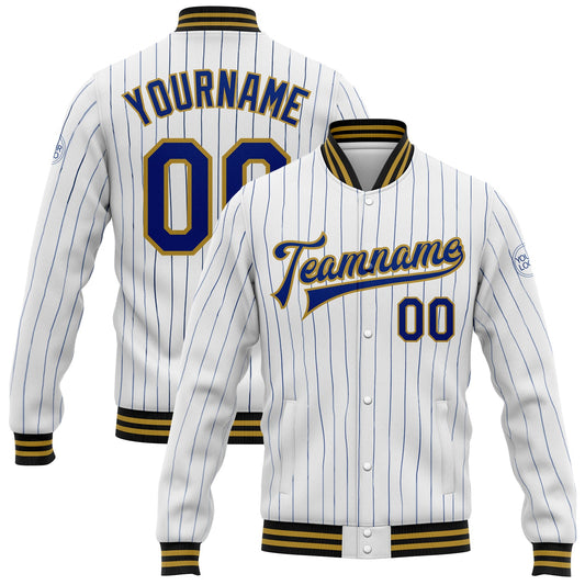 Custom White Royal Pinstripe Old Gold-Black Bomber Full-Snap Varsity Letterman Jacket - Main View