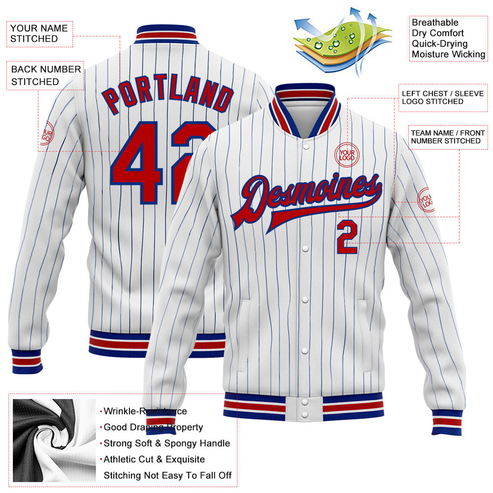 Custom White Royal Pinstripe Red Bomber Full-Snap Varsity Letterman Jacket view 5