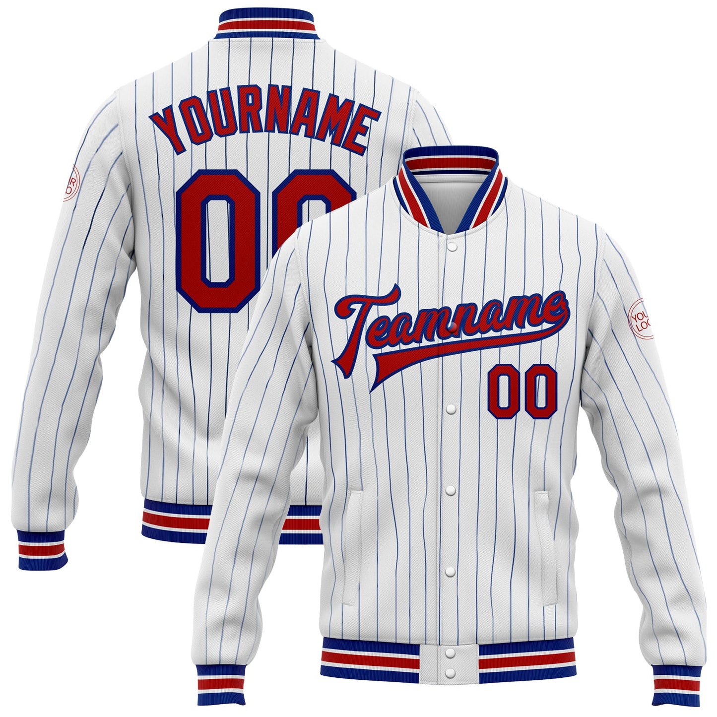 Custom White Royal Pinstripe Red Bomber Full-Snap Varsity Letterman Jacket - Main View