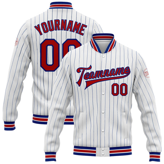 Custom White Royal Pinstripe Red Bomber Full-Snap Varsity Letterman Jacket - Main View