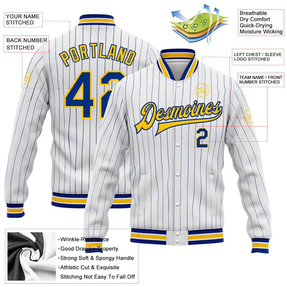 Custom White Royal Pinstripe Yellow Bomber Full-Snap Varsity Letterman Jacket view 5