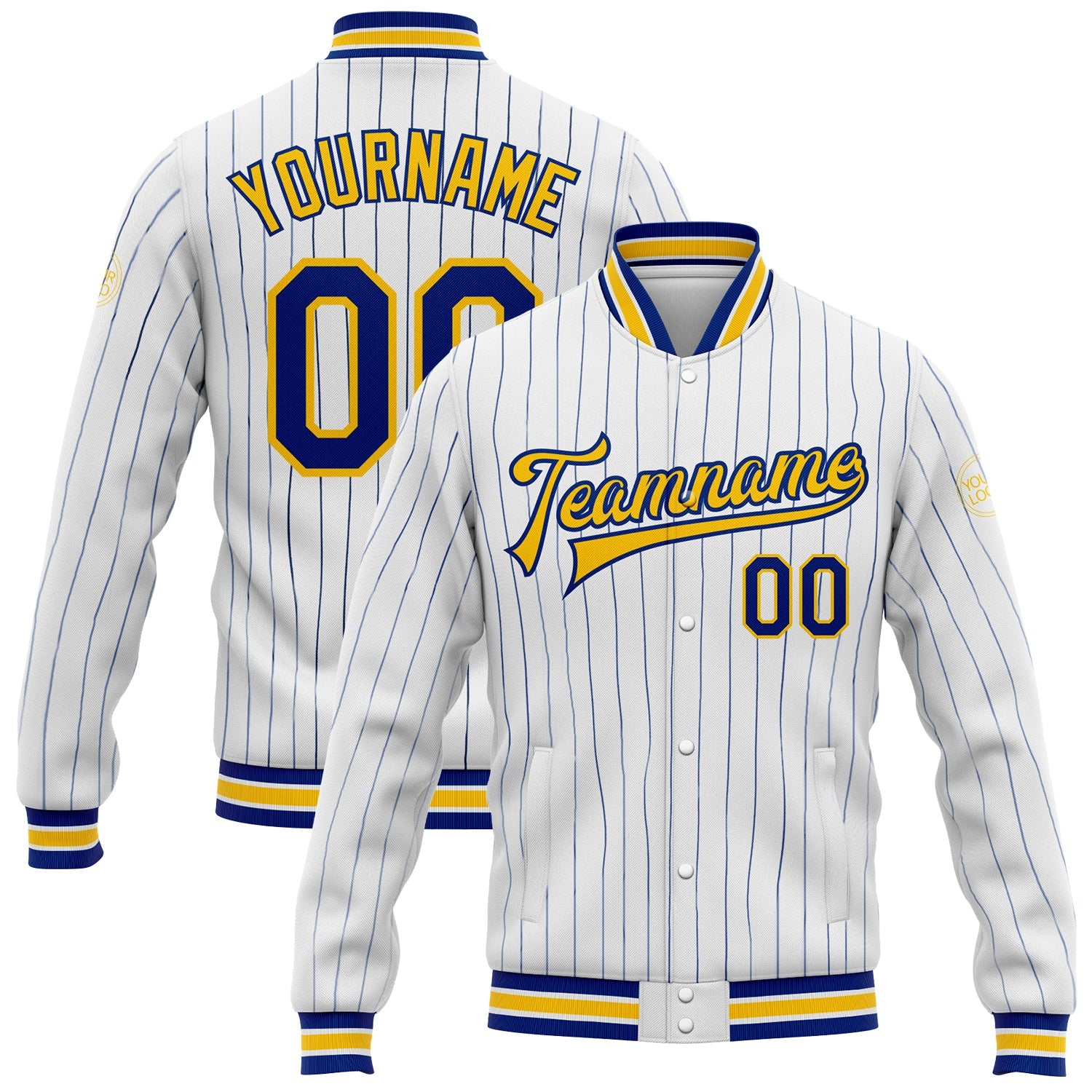Custom White Royal Pinstripe Yellow Bomber Full-Snap Varsity Letterman Jacket - Main View