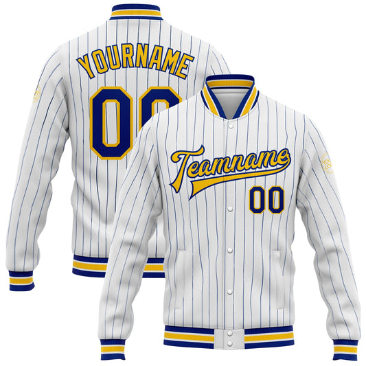 Custom White Royal Pinstripe Yellow Bomber Full-Snap Varsity Letterman Jacket - Main View