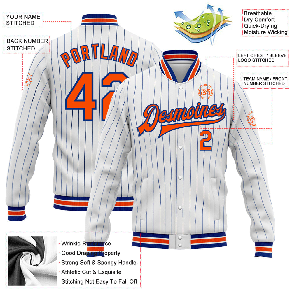 Custom White Royal Pinstripe Orange Bomber Full-Snap Varsity Letterman Jacket view 5