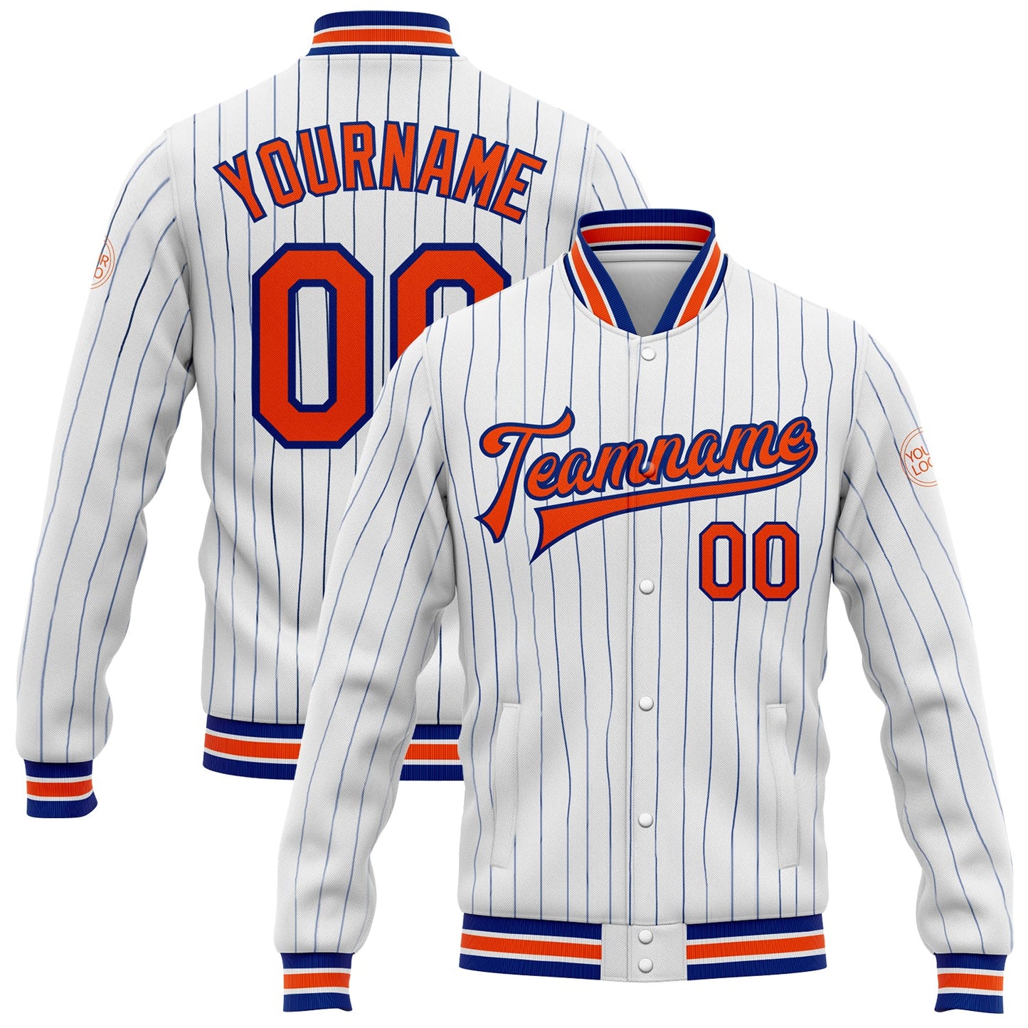 Custom White Royal Pinstripe Orange Bomber Full-Snap Varsity Letterman Jacket - Main View