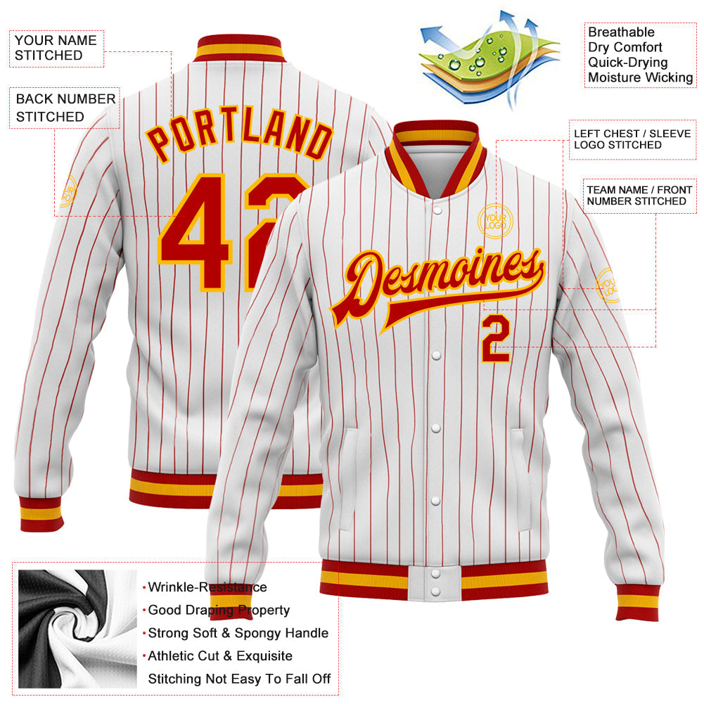 Custom White Red Pinstripe Gold Bomber Full-Snap Varsity Letterman Jacket view 5