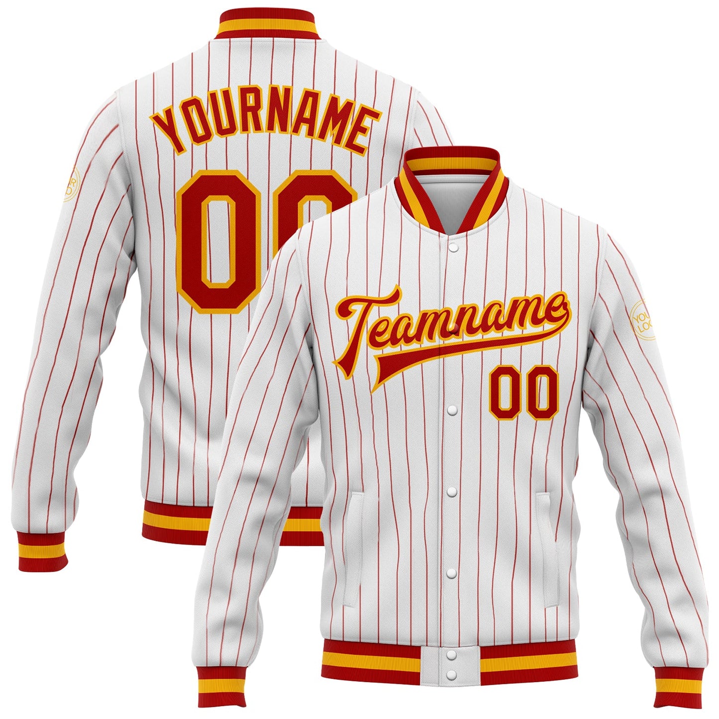 Custom White Red Pinstripe Gold Bomber Full-Snap Varsity Letterman Jacket - Main View