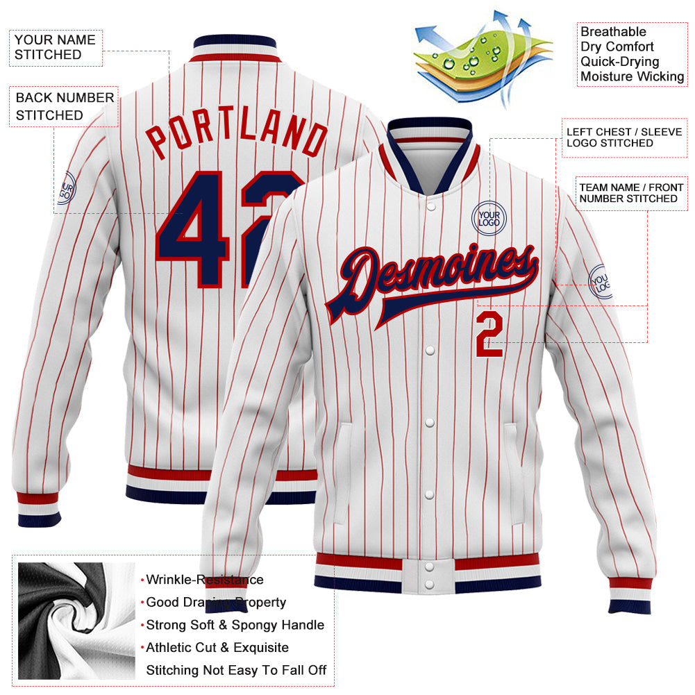 Custom White Red Pinstripe Navy Bomber Full-Snap Varsity Letterman Jacket view 5