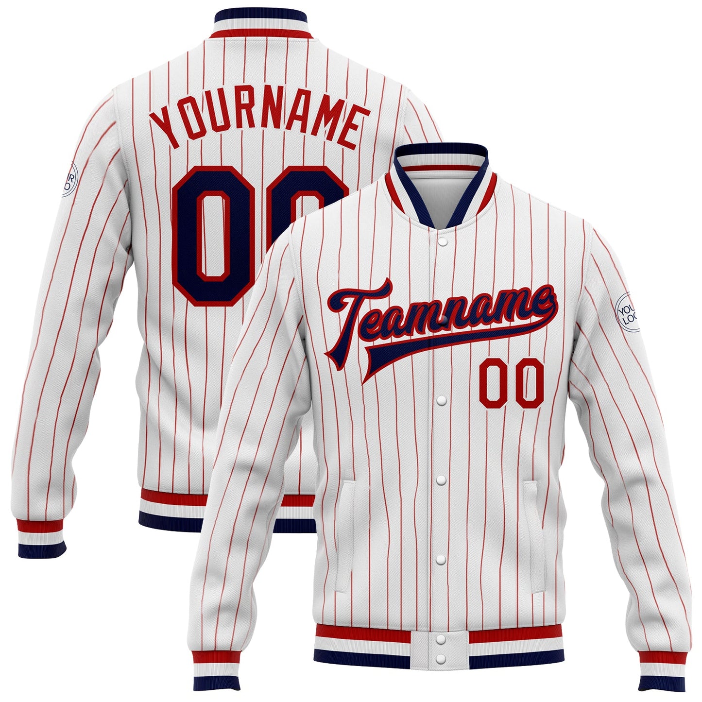 Custom White Red Pinstripe Navy Bomber Full-Snap Varsity Letterman Jacket - Main View