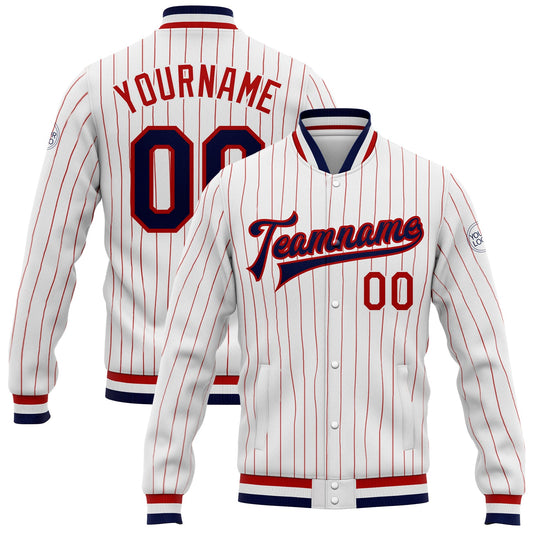 Custom White Red Pinstripe Navy Bomber Full-Snap Varsity Letterman Jacket - Main View