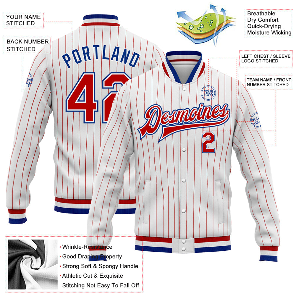 Custom White Red Pinstripe Royal Bomber Full-Snap Varsity Letterman Jacket view 5