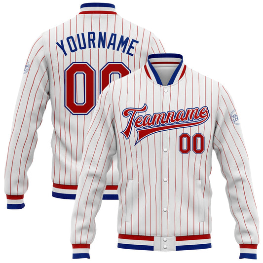 Custom White Red Pinstripe Royal Bomber Full-Snap Varsity Letterman Jacket - Main View