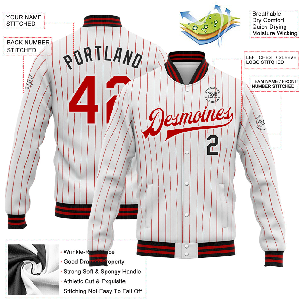 Custom White Red Pinstripe Black Bomber Full-Snap Varsity Letterman Jacket view 5