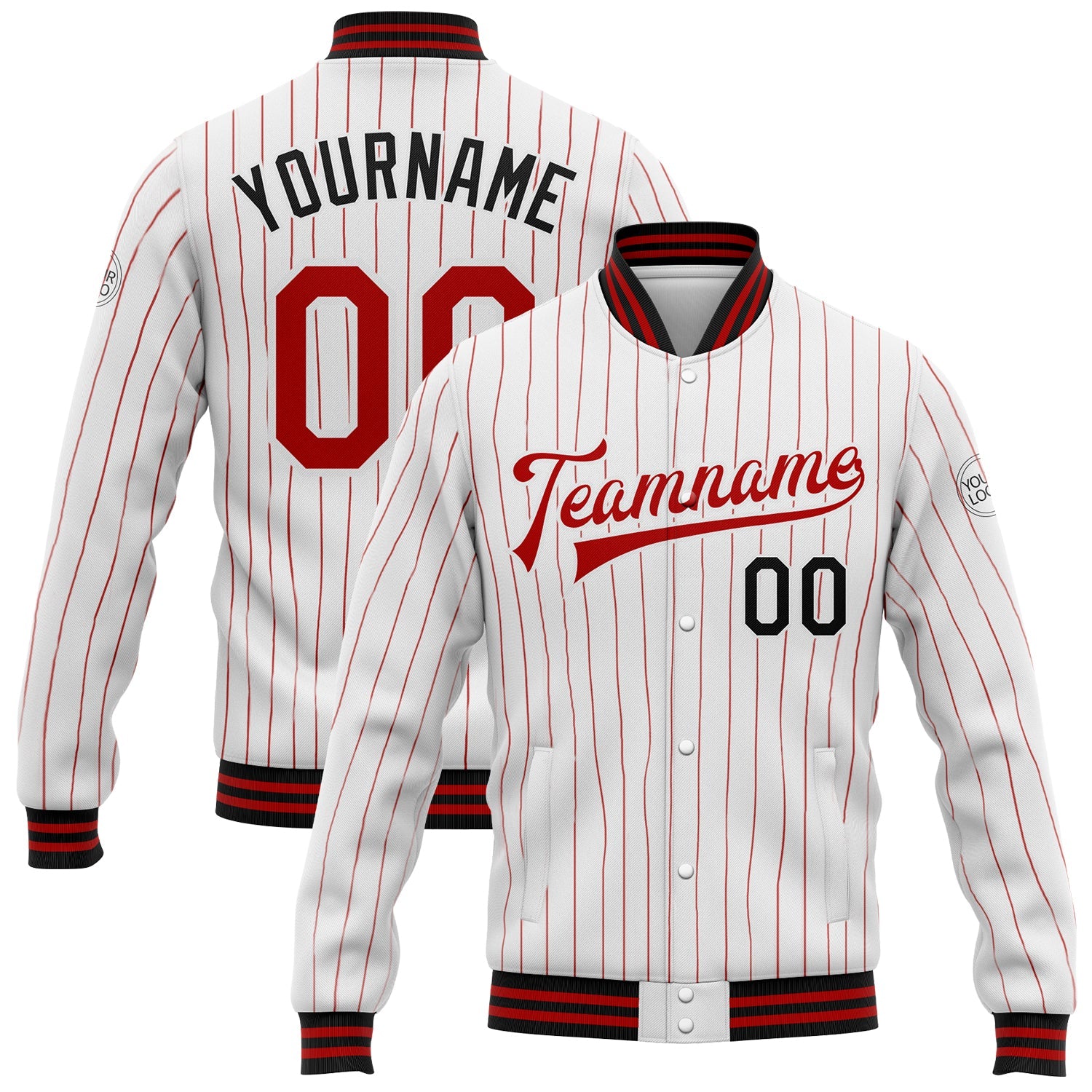 Custom White Red Pinstripe Black Bomber Full-Snap Varsity Letterman Jacket - Main View