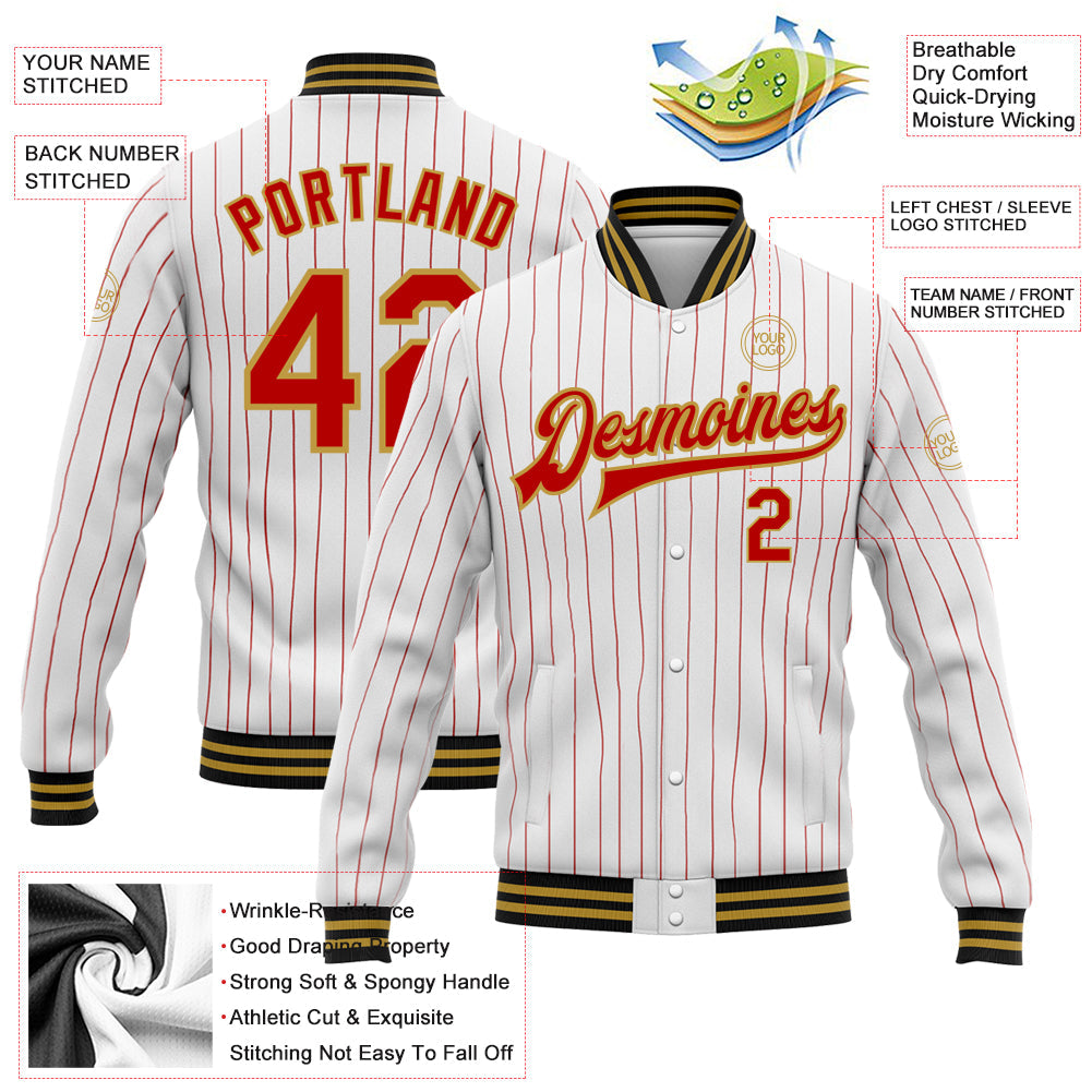 Custom White Red Pinstripe Old Gold-Black Bomber Full-Snap Varsity Letterman Jacket view 5