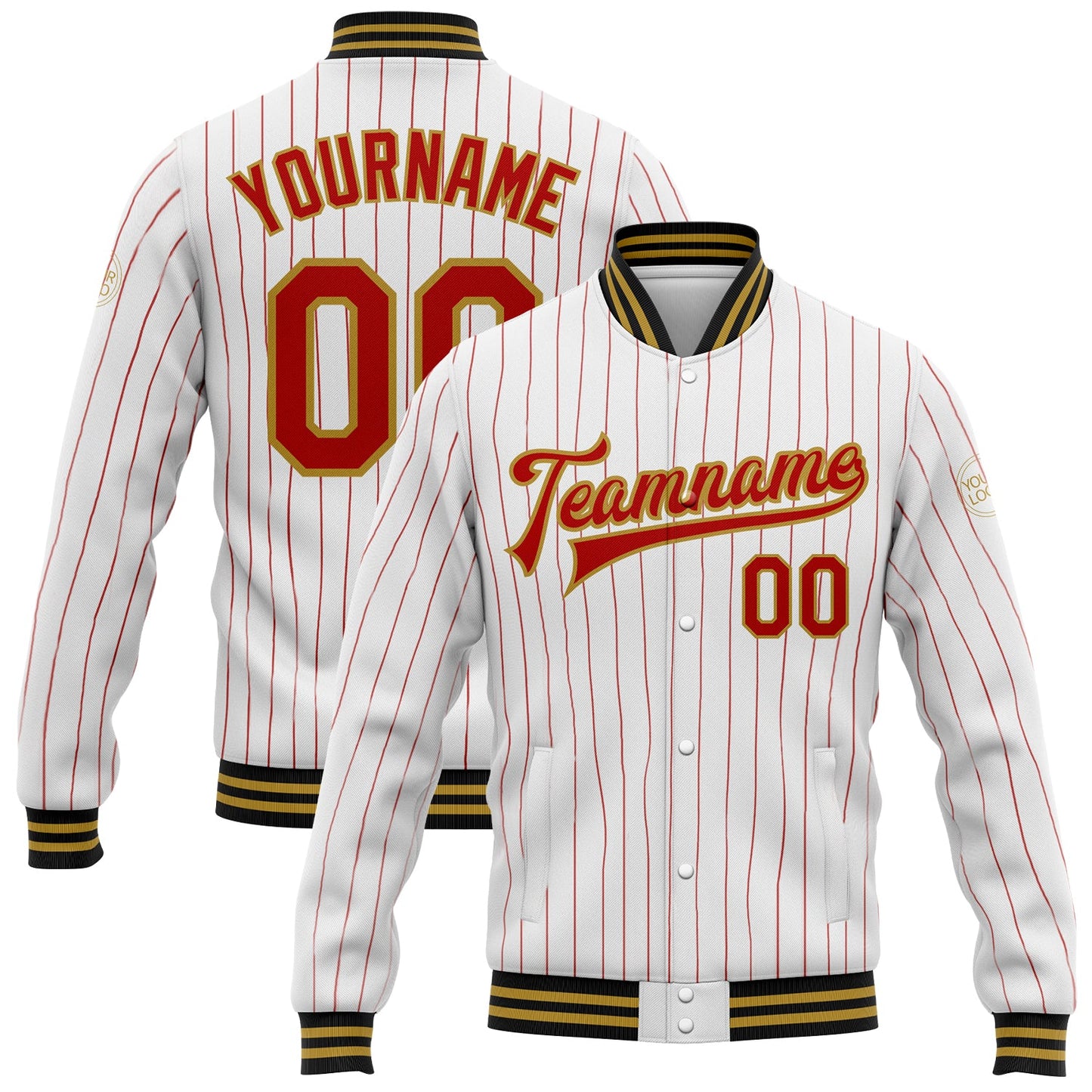 Custom White Red Pinstripe Old Gold-Black Bomber Full-Snap Varsity Letterman Jacket - Main View