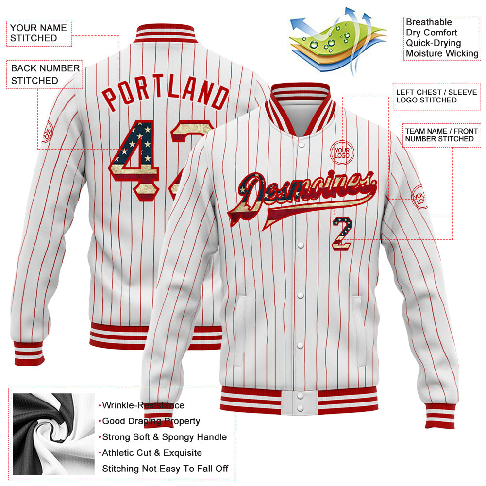 Custom White Red Pinstripe Vintage USA Flag Bomber Full-Snap Varsity Letterman Jacket view 5