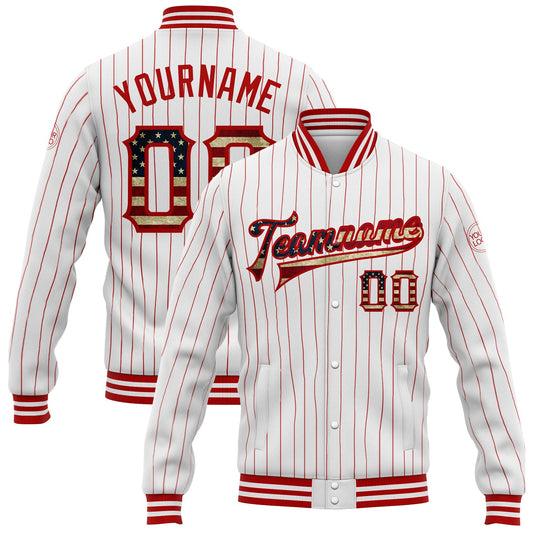 Custom White Red Pinstripe Vintage USA Flag Bomber Full-Snap Varsity Letterman Jacket - Main View