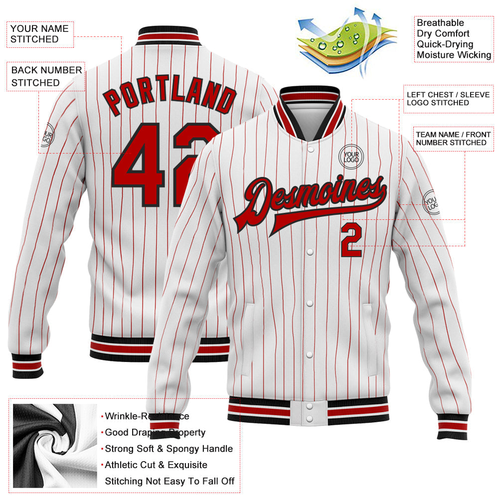Custom White Red Pinstripe Black Bomber Full-Snap Varsity Letterman Jacket view 5