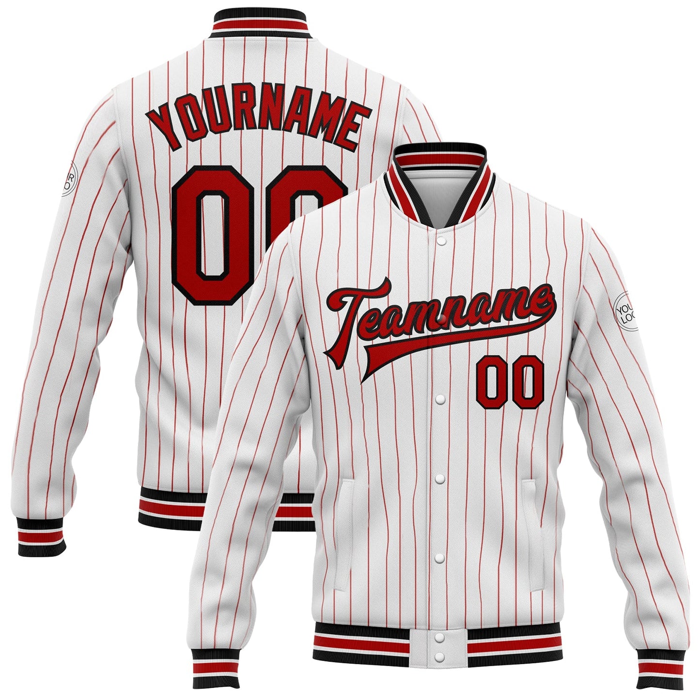 Custom White Red Pinstripe Black Bomber Full-Snap Varsity Letterman Jacket - Main View