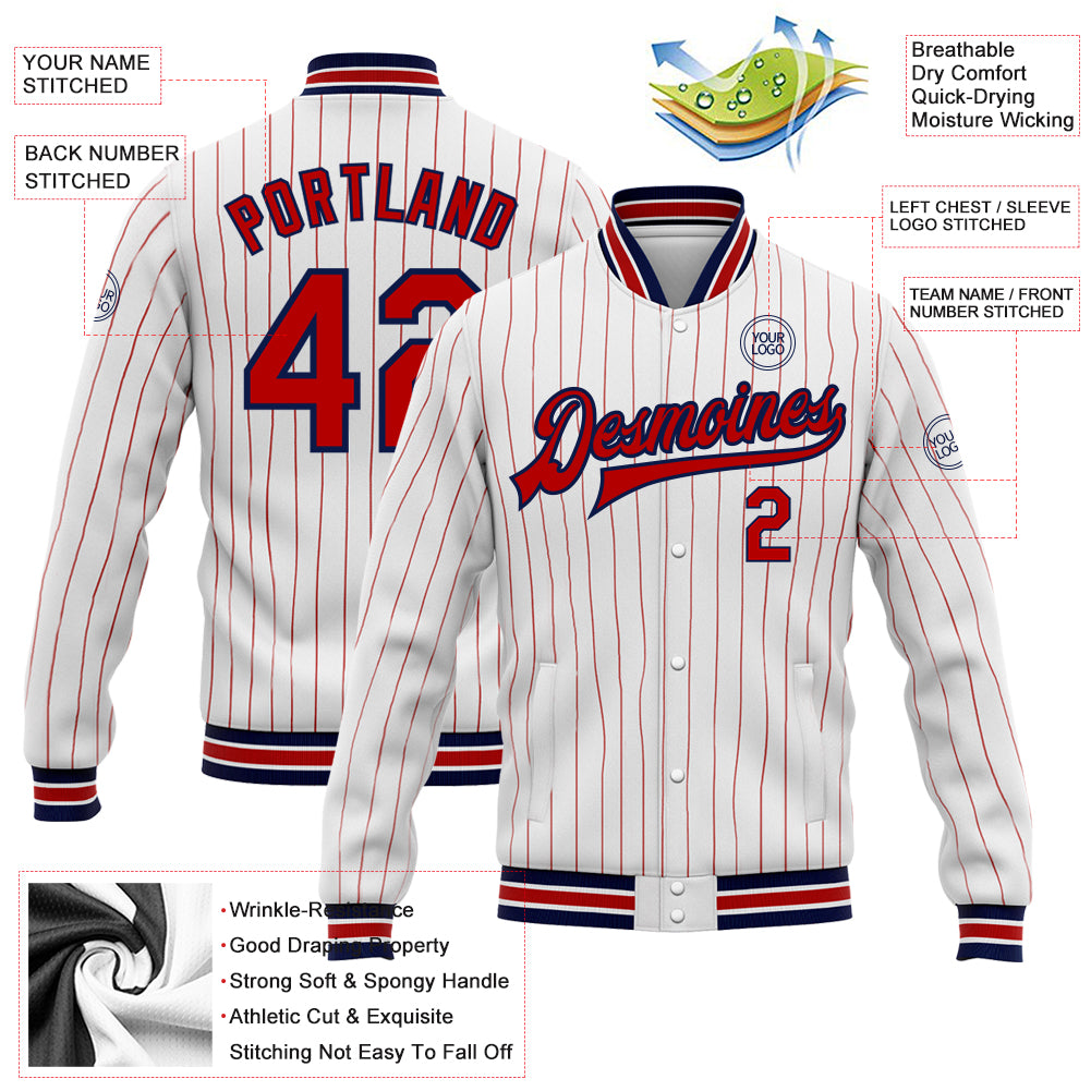Custom White Red Pinstripe Navy Bomber Full-Snap Varsity Letterman Jacket view 5