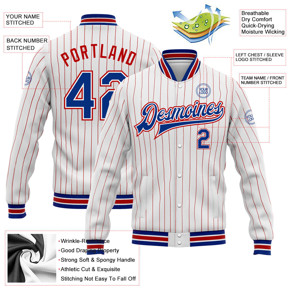 Custom White Red Pinstripe Royal Bomber Full-Snap Varsity Letterman Jacket view 5