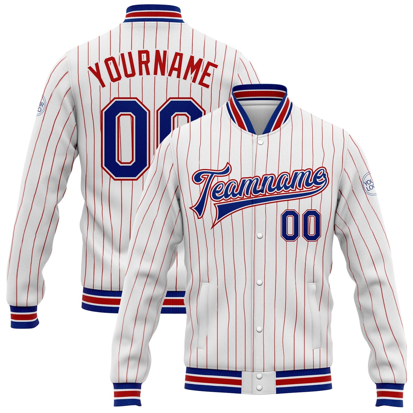 Custom White Red Pinstripe Royal Bomber Full-Snap Varsity Letterman Jacket - Main View