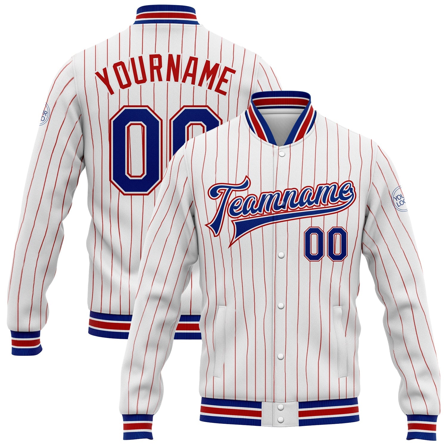 Custom White Red Pinstripe Royal Bomber Full-Snap Varsity Letterman Jacket - Main View
