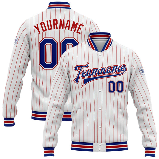 Custom White Red Pinstripe Royal Bomber Full-Snap Varsity Letterman Jacket - Main View