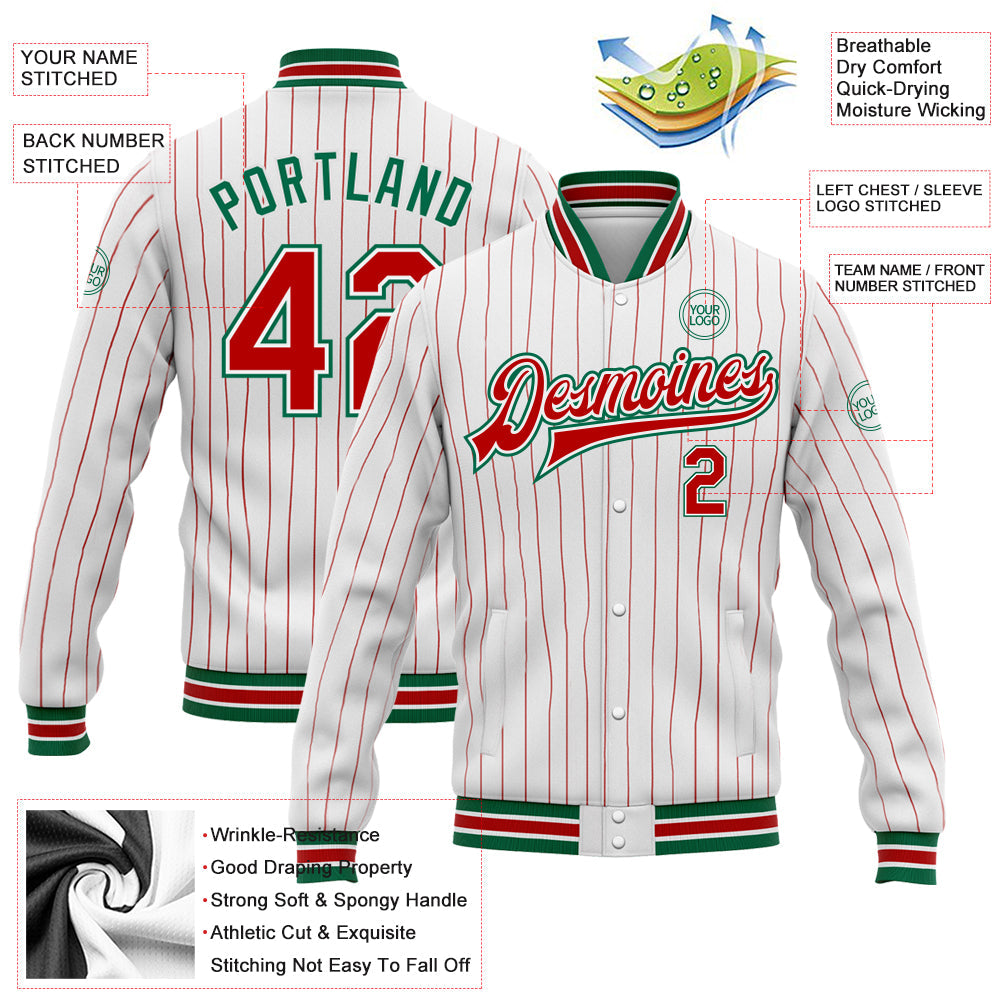 Custom White Red Pinstripe Kelly Green Bomber Full-Snap Varsity Letterman Jacket view 5