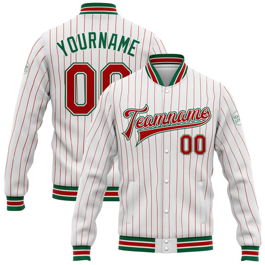 Custom White Red Pinstripe Kelly Green Bomber Full-Snap Varsity Letterman Jacket - Main View