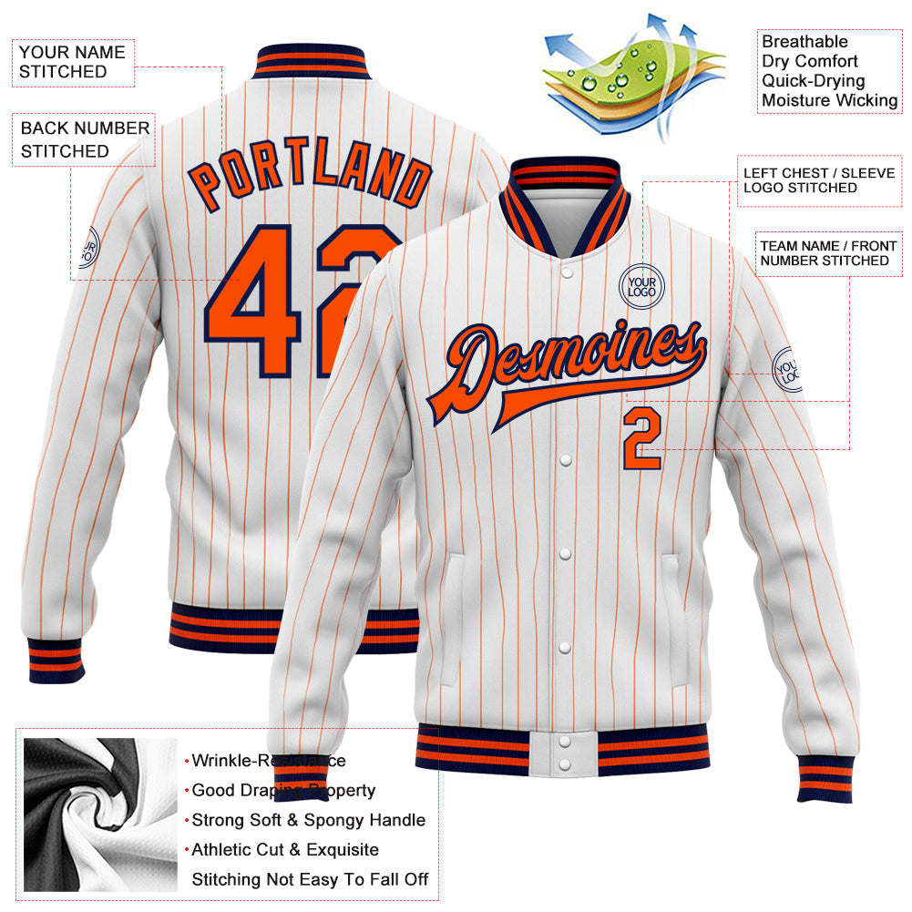 Custom White Orange Pinstripe Navy Bomber Full-Snap Varsity Letterman Jacket view 5