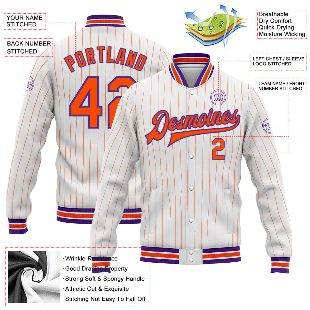 Custom White Orange Pinstripe Purple Bomber Full-Snap Varsity Letterman Jacket view 5