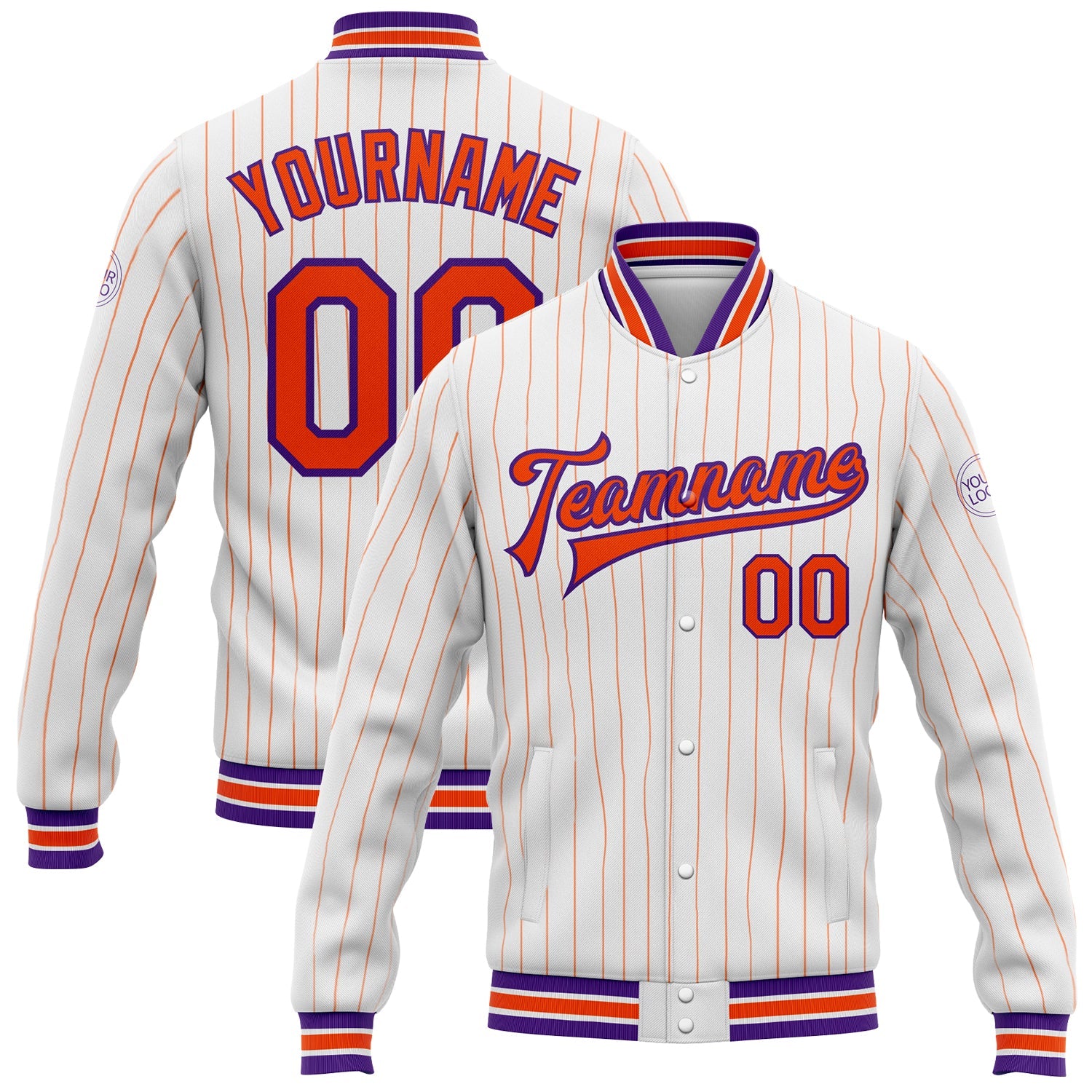 Custom White Orange Pinstripe Purple Bomber Full-Snap Varsity Letterman Jacket - Main View