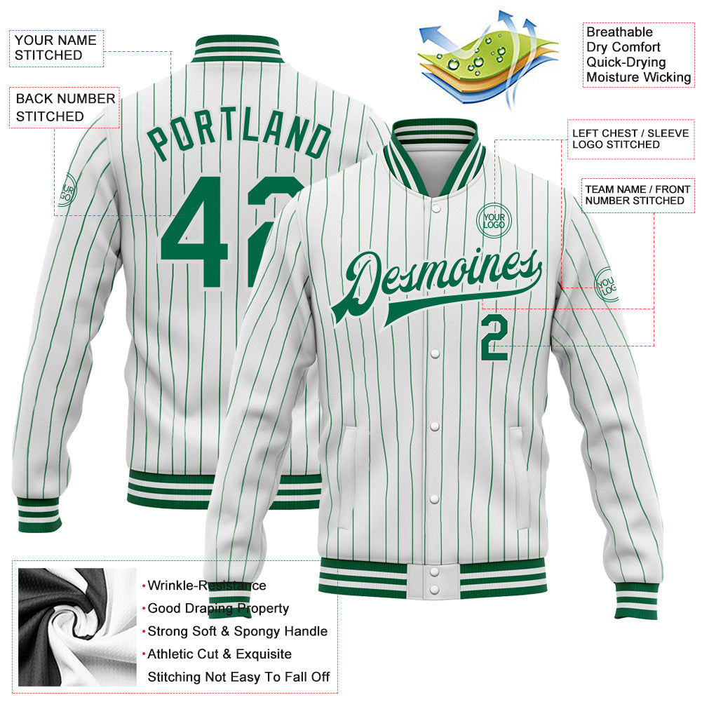 Custom White Kelly Green Pinstripe Kelly Green Bomber Full-Snap Varsity Letterman Jacket view 5